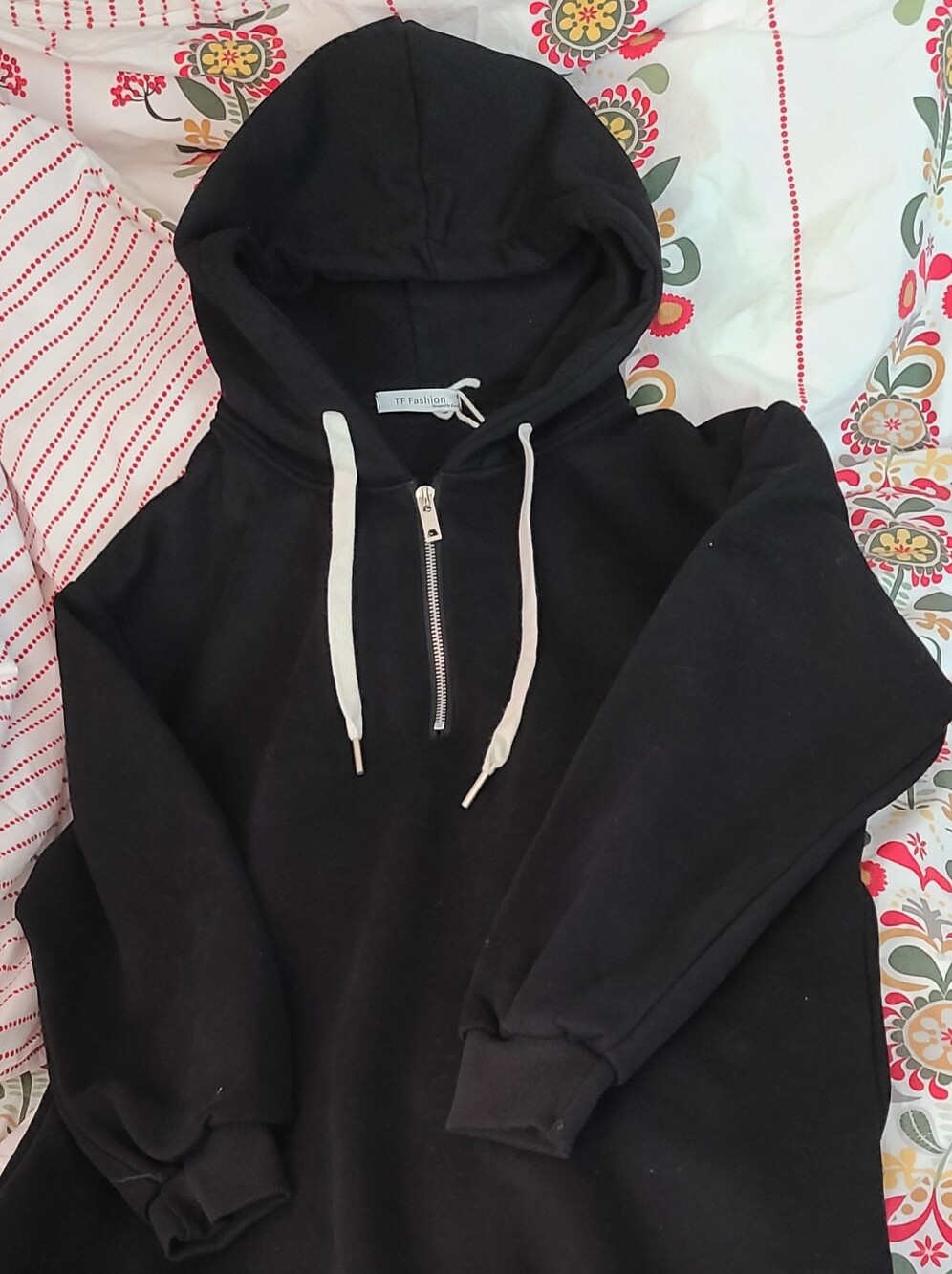 Black Half-Zip Hooded Dress with White Drawstrings
